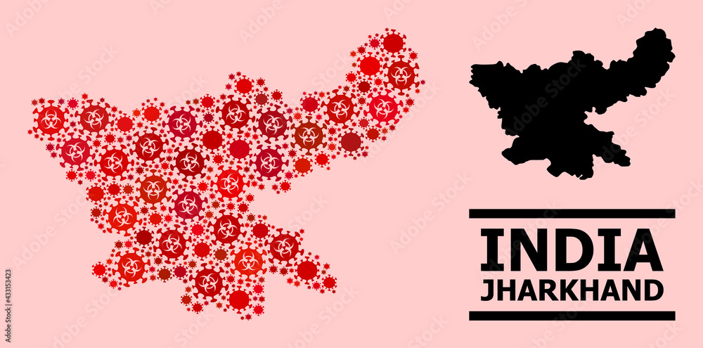 Vector covid-2019 mosaic map of Jharkhand State combined for doctor applications. Red mosaic map of Jharkhand State is made from biohazard covid-2019 viral items. Vector covid-2019 mosaic map of Jharkhand State combined for doctor applications. Red mosaic map of Jharkhand State is made from biohazard covid-2019 viral items.