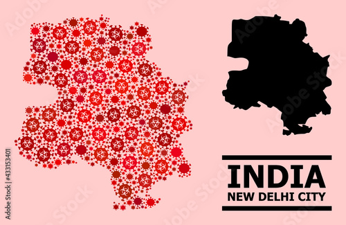 Vector covid-2019 composition map of New Delhi City combined for pandemic posters. Red mosaic map of New Delhi City is composed of biohazard covid-2019 viral elements.