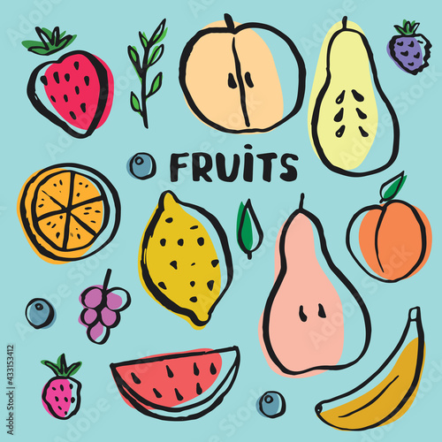 Fruit Set, collection of juicy fruits, apple, pear, strawberry, orange slice, peach, plum, banana, watermelon, papaya, grapes, lemon and berries. Vector illustration