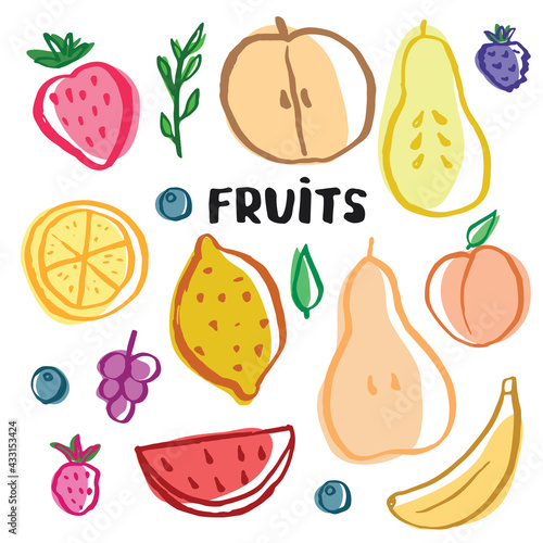 Fruit Set, collection of juicy fruits, apple, pear, strawberry, orange slice, peach, plum, banana, watermelon, papaya, grapes, lemon and berries. Vector illustration