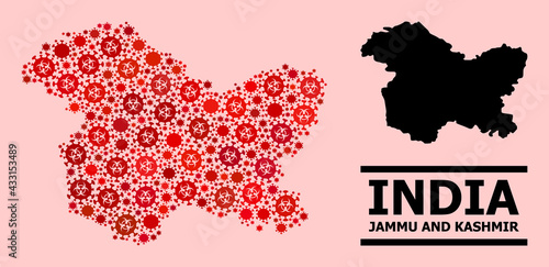 Vector covid-2019 mosaic map of Jammu and Kashmir State designed for hospital advertisement. Red mosaic map of Jammu and Kashmir State is composed of biohazard covid viral elements.