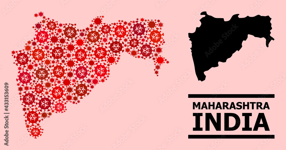 Vector covid-2019 mosaic map of Maharashtra State organized for health care projects. Red mosaic map of Maharashtra State is constructed of biohazard covid-2019 viral cells.