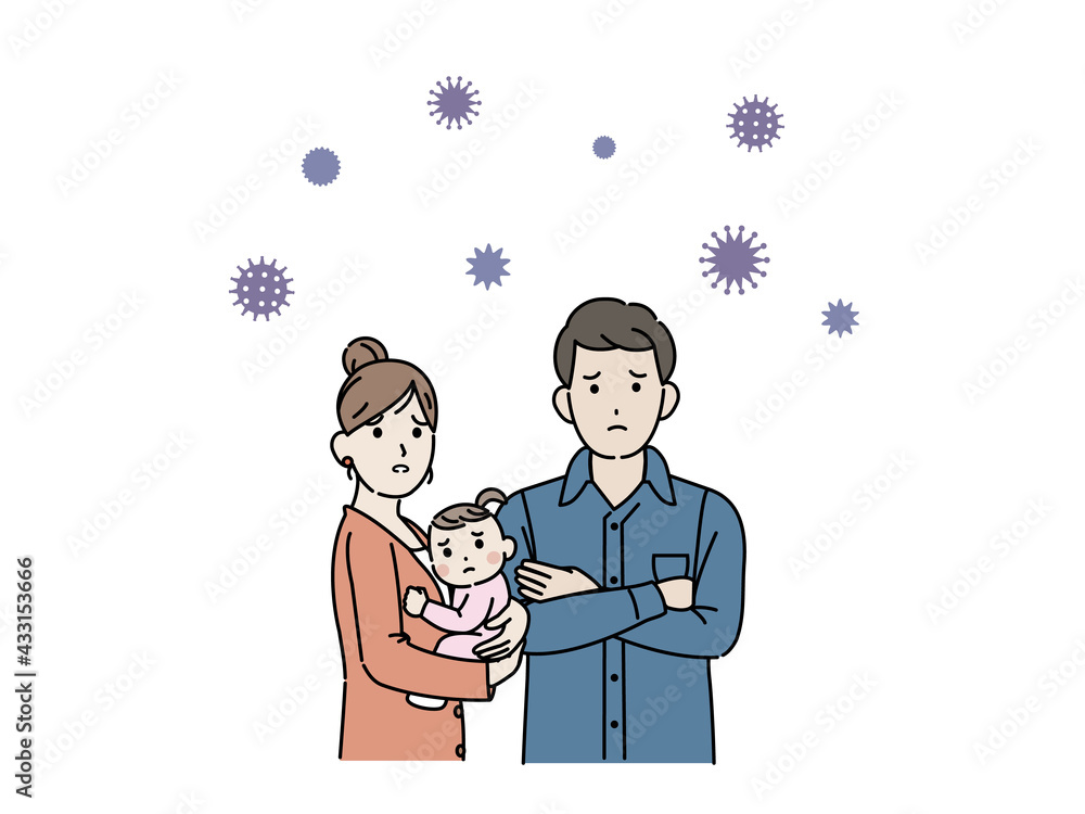 コロナウイルスを心配する 困る 若い夫婦 3人家族 イラスト素材 Stock Vector Adobe Stock