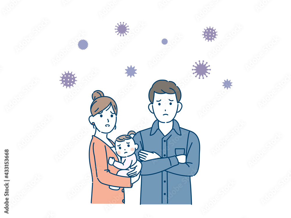 コロナウイルスを心配する 困る 若い夫婦 3人家族 イラスト素材 Vector De Stock Adobe Stock