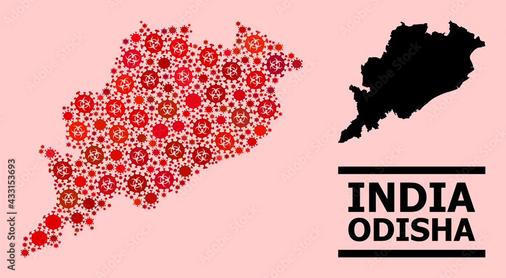 Vector coronavirus mosaic map of Odisha State done for pharmacy purposes. Red mosaic map of Odisha State is constructed of biohazard coronavirus viral parts.