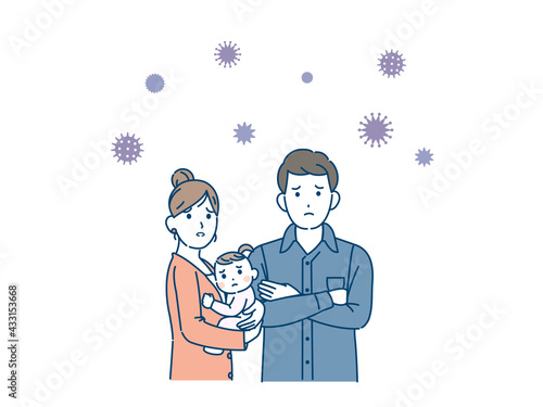 コロナウイルスを心配する　困る　若い夫婦　3人家族　イラスト素材