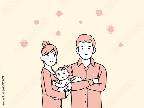 コロナウイルスを心配する　困る　若い夫婦　3人家族　イラスト素材