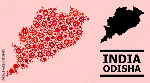 Vector coronavirus mosaic map of Odisha State done for pharmacy purposes. Red mosaic map of Odisha State is constructed of biohazard coronavirus viral parts.