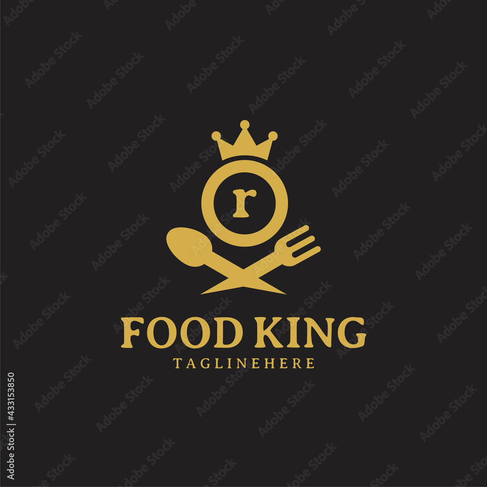 Naklejka premium Initial letter R King food Logo Design Template. Illustration vector graphic. Design concept fork,spoon and crown With letter symbol. Perfect for cafe, restaurant, cooking business