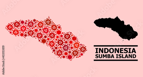 Vector covid-2019 mosaic map of Sumba Island organized for medicare applications. Red mosaic map of Sumba Island is done from biohazard covid-2019 infection parts.