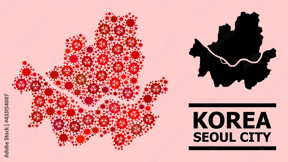 Fototapeta premium Vector covid-2019 collage map of Seoul Municipality combined for health care advertisement. Red mosaic map of Seoul Municipality is made of biohazard covid-2019 pathogen cells.
