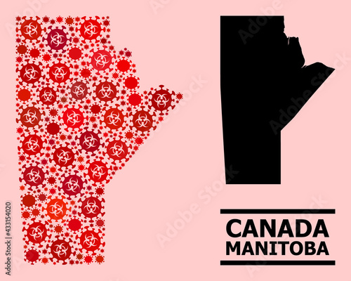 Vector covid-2019 mosaic map of Manitoba Province done for medicare posters. Red mosaic map of Manitoba Province is composed with biohazard covid-2019 pathogen parts.