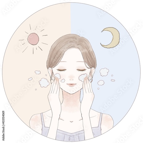 朝と夜に洗顔をする女性