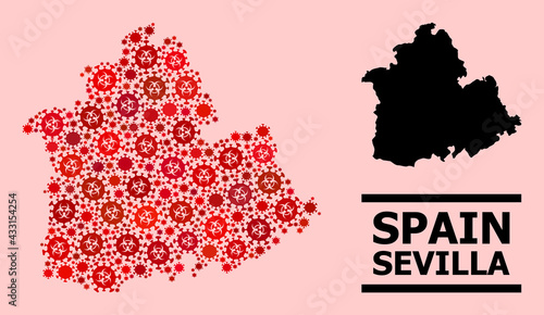 Vector covid-2019 composition map of Sevilla Province designed for pandemic illustrations. Red mosaic map of Sevilla Province is organized of biohazard covid-2019 infection items.