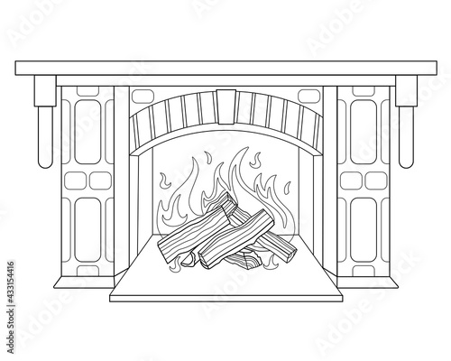 Fireplace with burning wood - vector linear illustration for coloring. Burning hearth. Outline. A fired fireplace, a mantelpiece, decorative masonry - for a coloring book