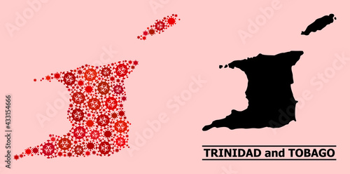 Vector covid-2019 mosaic map of Trinidad and Tobago combined for medicare posters. Red mosaic map of Trinidad and Tobago is created with biohazard covid-2019 pathogen icons.