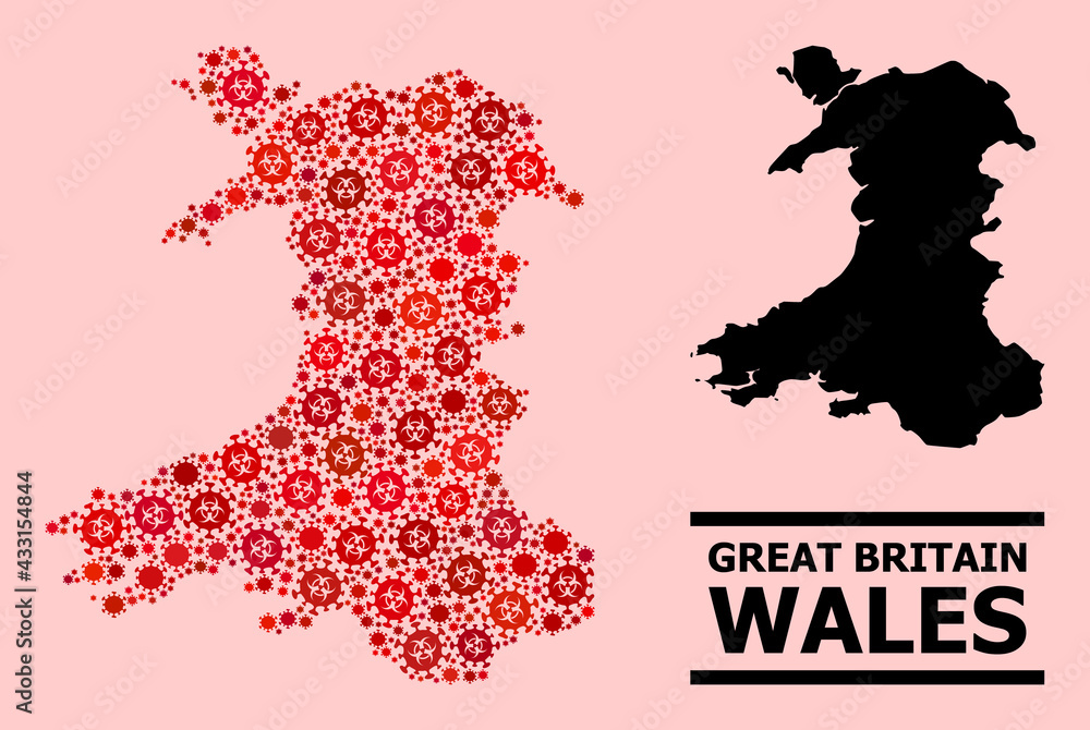 Vector covid-2019 mosaic map of Wales organized for doctor projects. Red mosaic map of Wales is designed from biological hazard covid-2019 pathogen cells. Vector covid-2019 mosaic map of Wales organized for doctor projects. Red mosaic map of Wales is designed from biological hazard covid-2019 pathogen cells.