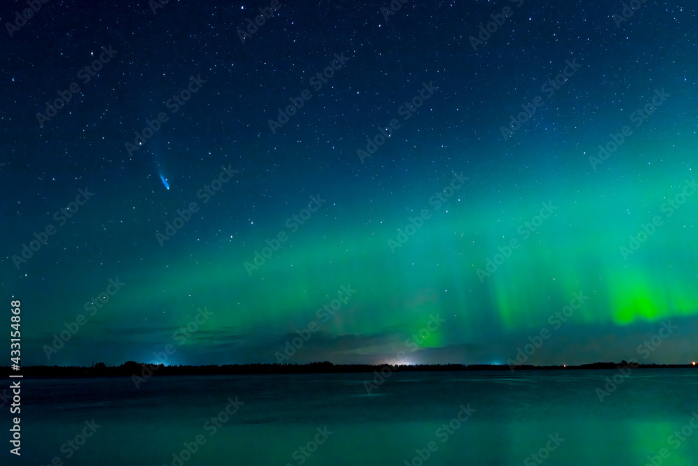 Neowise Comet Streaming Through Northern Lights