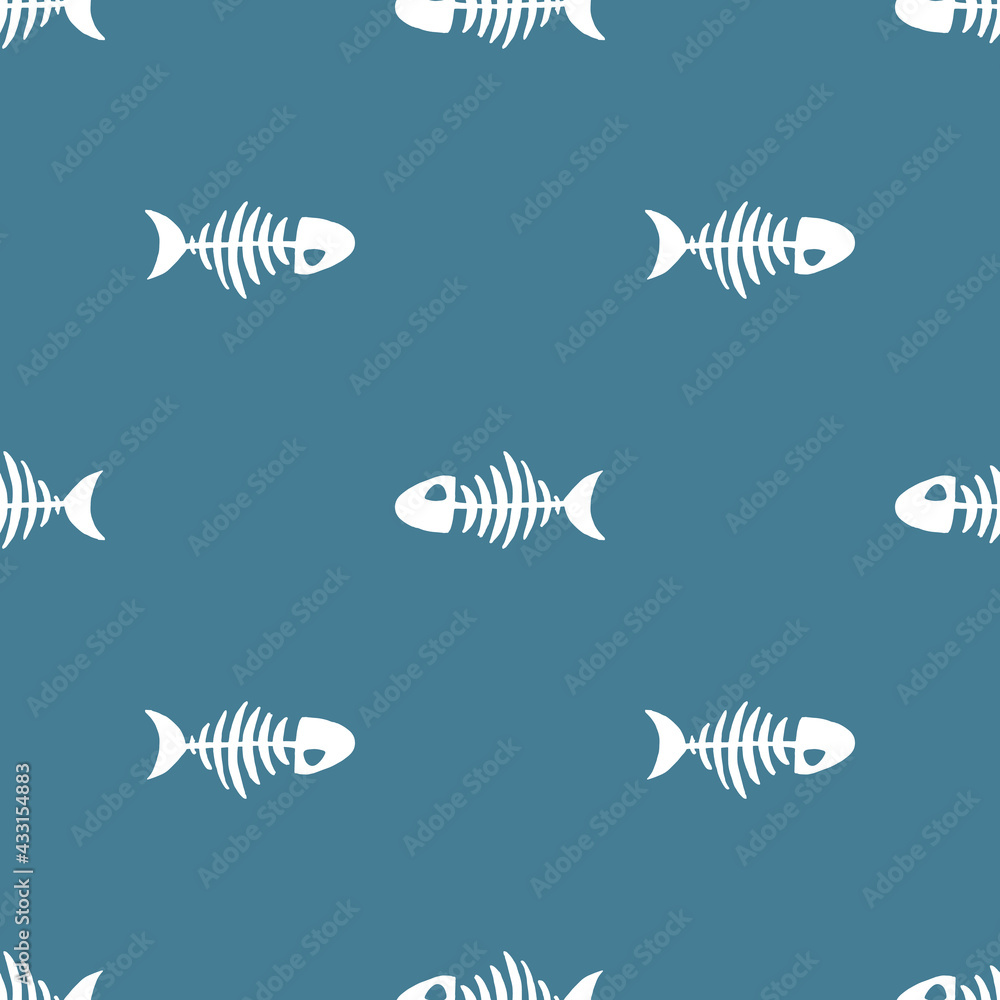 Fototapeta premium Fish bones Seamless pattern. Fish skeleton sketch, Hand drawn Cartoon Vector illustration