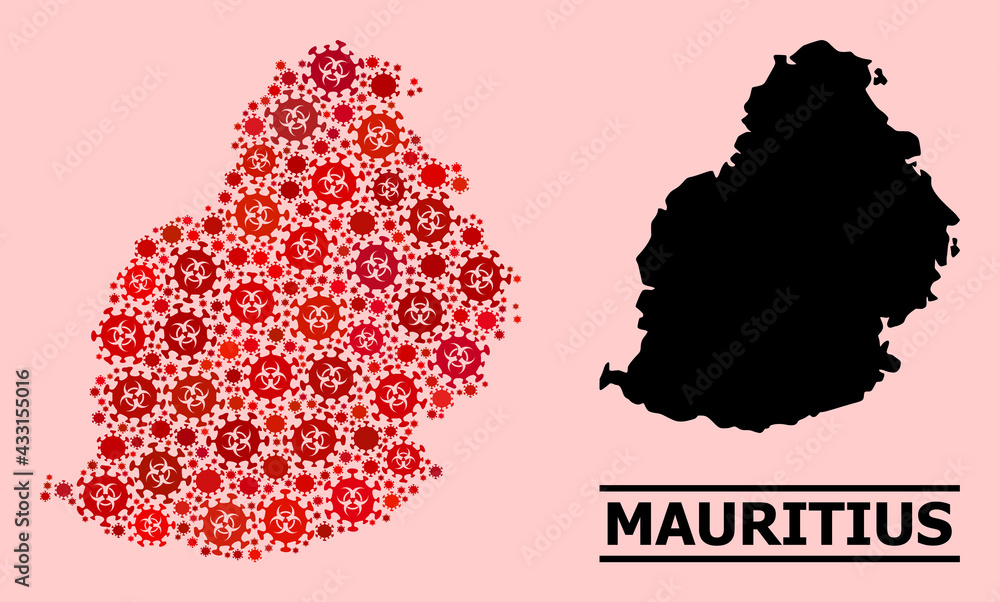 Vector covid mosaic map of Mauritius Island organized for pandemic wallpapers. Red mosaic map of Mauritius Island is done of biological hazard covid infection items. Vector covid mosaic map of Mauritius Island organized for pandemic wallpapers. Red mosaic map of Mauritius Island is done of biological hazard covid infection items.