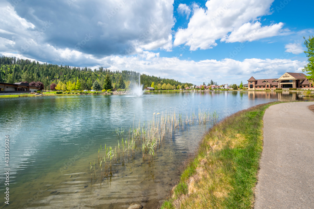 Riverstone public park and lake during spring in the Riverstone commercial development in downtown Coeur d'Alene, Idaho, USA