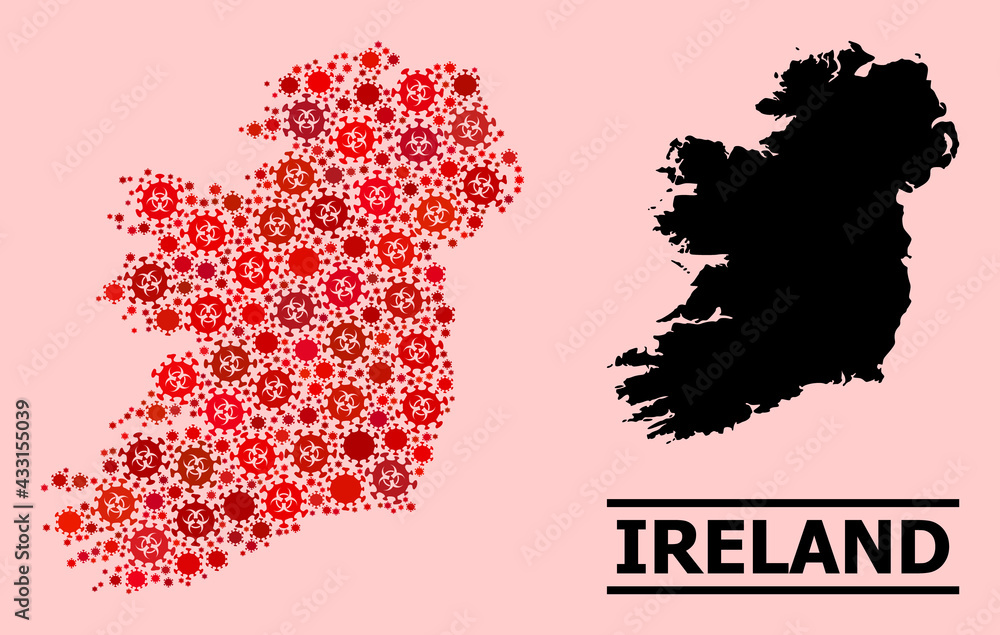 Vector covid-2019 mosaic map of Ireland Island done for pharmacy advertisement. Red mosaic map of Ireland Island is made from biological hazard covid-2019 pathogen icons. Vector covid-2019 mosaic map of Ireland Island done for pharmacy advertisement. Red mosaic map of Ireland Island is made from biological hazard covid-2019 pathogen icons.