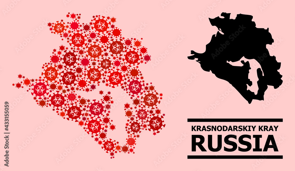 Vector covid mosaic map of Krasnodarskiy Kray combined for lockdown applications. Red mosaic map of Krasnodarskiy Kray is shaped with biological hazard covid pathogen icons.