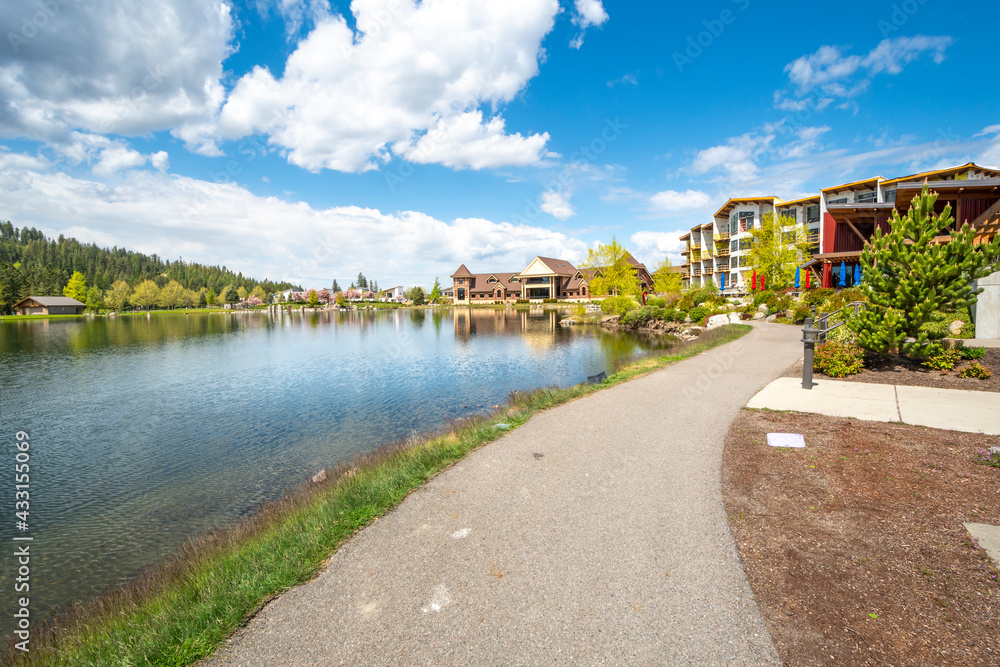 Riverstone public park and lake during spring in the Riverstone commercial development in downtown Coeur d'Alene, Idaho, USA