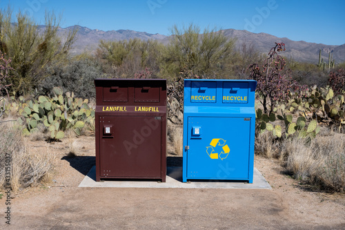 Trash and Recycling Bins in Arizona Desert