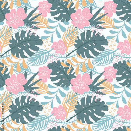 Tropical plants seamless pattern vector illustration. Exotic natural palm leaves wallpaper background