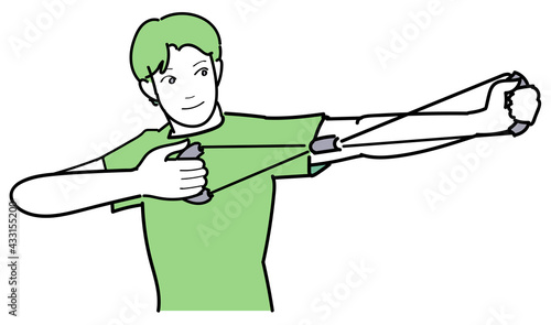 トレーニングチューブを伸ばす男性のイラスト