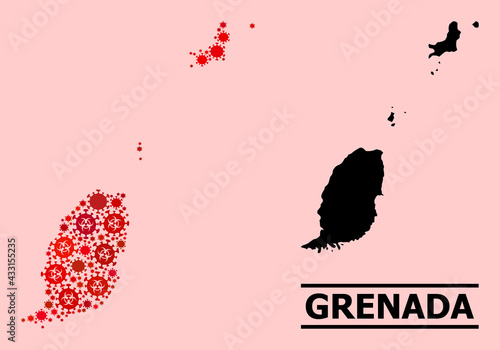 Vector covid-2019 mosaic map of Grenada Islands combined for medicare projects. Red mosaic map of Grenada Islands is done with biohazard covid-2019 viral parts.