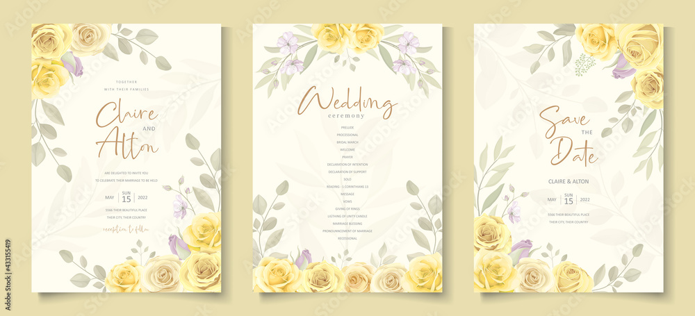 Beautiful wedding invitation template with hand drawn yellow roses