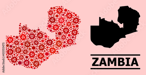 Vector covid-2019 composition map of Zambia organized for pandemic illustrations. Red mosaic map of Zambia is done from biohazard covid-2019 viral cells.
