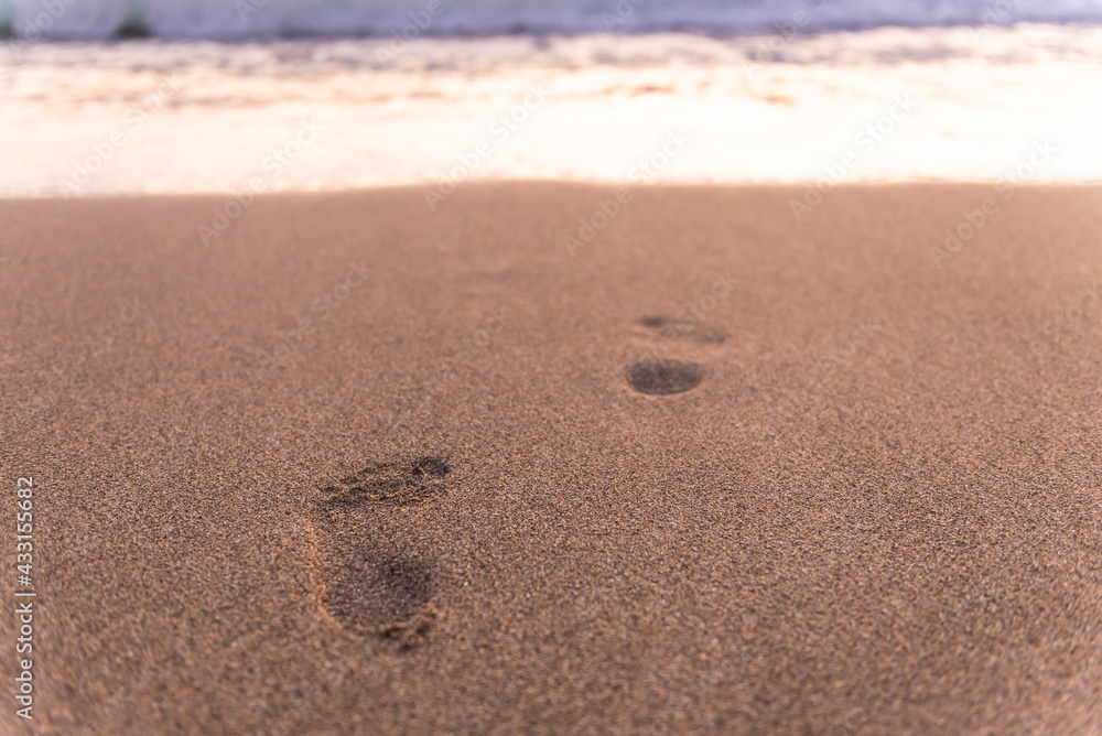 Footprints in the sand by the sea. In the sunset light, the footprints follow the sand into the sea. Footprints in the sand by the sea. In the sunset light, the footprints follow the sand into the sea.