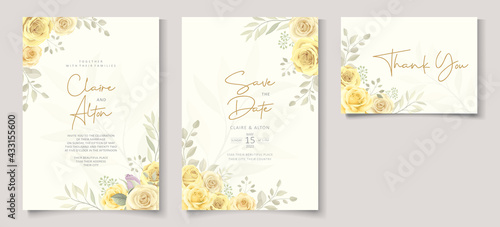 Beautiful wedding invitation template with hand drawn yellow roses