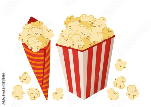 Popcorn cartoon color set. Grains popcorn box and horn. Cinema concept, watching movie. Takeaway food, fast food snack cinema poster. Flat classic striped cardboard, junk food menu. Hand drawn vector