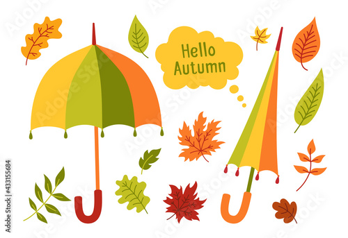 Umbrella and leaves hand drawn cartoon set. Autumn hand drawn trendy cozy collection. Scrapbook fall season flat element. Autumn leaves and speech bubble, open and closed umbrella vector card