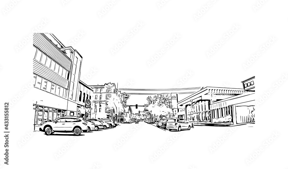 Building view with landmark of Fargo is a city in North Dakota. Hand drawn sketch illustration in vector.