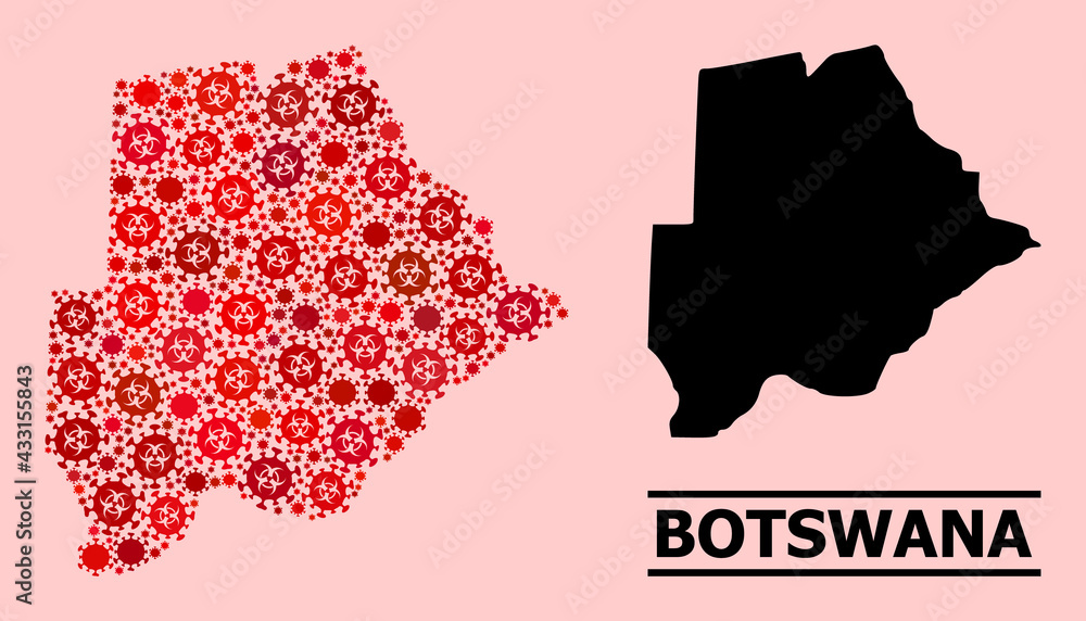 Vector coronavirus mosaic map of Botswana organized for clinic posters. Red mosaic map of Botswana is done of biohazard coronavirus infection icons.