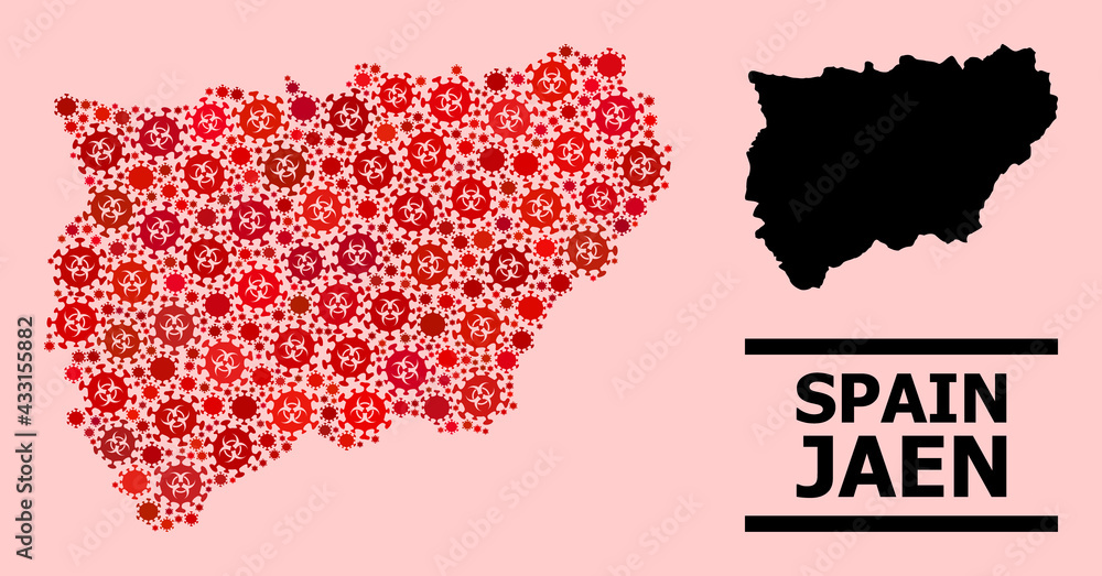 Obraz premium Vector covid mosaic map of Jaen Spanish Province done for vaccination advertisement. Red mosaic map of Jaen Spanish Province is done of biological hazard covid-2019 infection items.