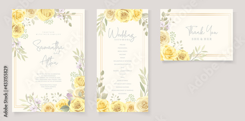 Beautiful wedding invitation template with hand drawn yellow roses