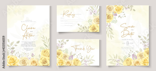 Beautiful wedding invitation template with hand drawn yellow roses