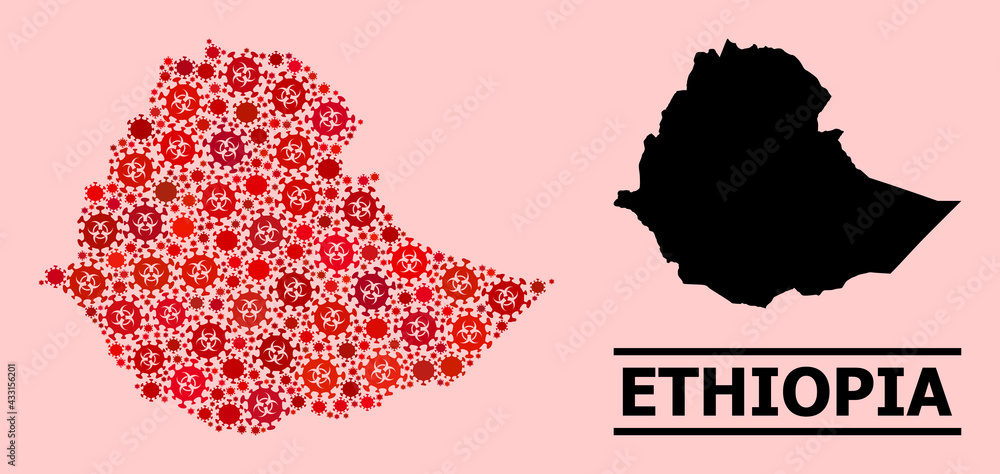Vector covid-2019 collage map of Ethiopia designed for vaccination purposes. Red mosaic map of Ethiopia is designed of biological hazard covid-2019 viral icons.