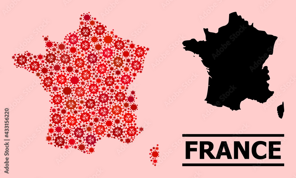 Vector coronavirus mosaic map of France created for clinic posters. Red mosaic map of France is composed of biological hazard coronavirus viral cells.