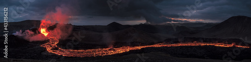 Fagradalsfjall volcanic eruption in the night before sunrise in Reykjanes peninsula around 40 kilometres from Reykjavik, Iceland