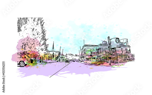 Building view with landmark of Fargo is a city in North Dakota. Watercolor splash with hand drawn sketch illustration in vector.