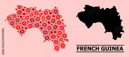 Vector coronavirus composition map of French Guinea designed for lockdown purposes. Red mosaic map of French Guinea is designed from biohazard covid-2019 pathogen items.