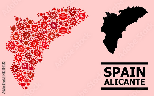 Vector covid collage map of Alicante Province combined for pharmacy advertisement. Red mosaic map of Alicante Province is shaped of biohazard covid-2019 viral parts.