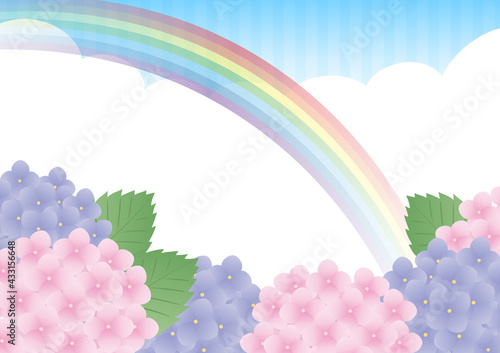 青空にかかる虹と紫陽花の風景